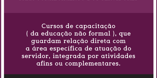 Conheçam os Cursos de capacitação (da educação não formal), que guardam relação direta com a área específica de atuação do servidor, integrada por atividades afins ou complementares.
