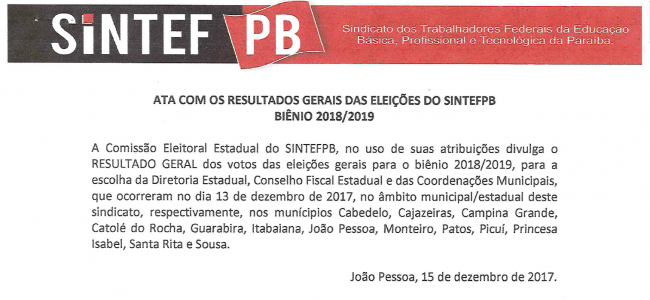 Ata com Resultados Gerais Eleições SINTEFPB – Biênio 2018/2019