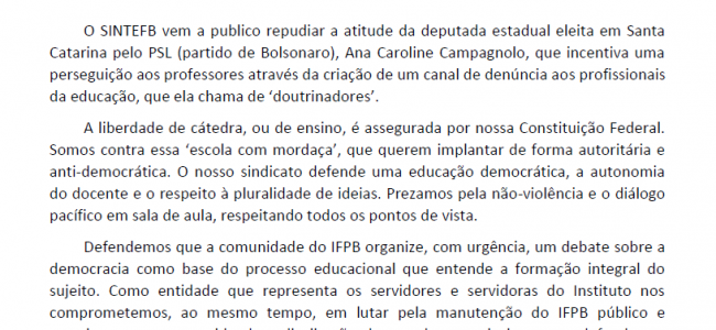 NOTA DE REPÚDIO – SINTEFPB – Escola com mordaça NÃO! Lutamos por uma Educação livre e democrática!