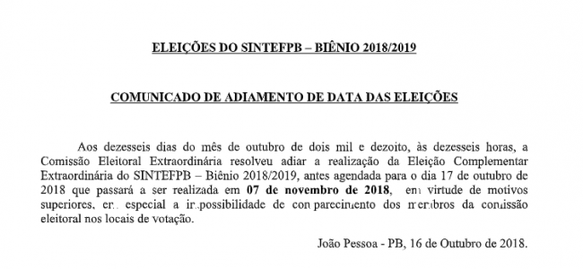 COMUNICADO: adiamento da data da eleição para coordenação municipal do SINTEFPB (de 17/10 para 07/11) e homologação da chapa de Patos. Confira!