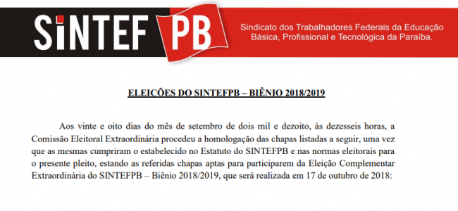 Eleições para as Coordenações Municipais do SINTEFPB – Homologação das Chapas e Indeferimento de Chapa