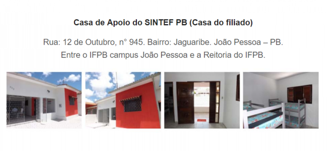 INFORME: Casa de apoio do SINTEFPB – indisponível para uso, dos dias 5 a 9, devido a dedetização e limpeza.