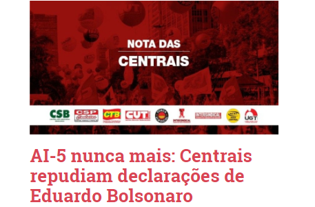 AI-5 nunca mais: Centrais repudiam declarações de Eduardo Bolsonaro
