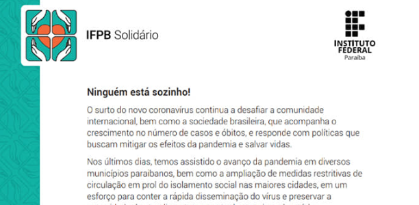 Campanha IFPB Solidário: Ninguém está sozinho(a)! – Segunda fase da campanha foca no corpo discente.