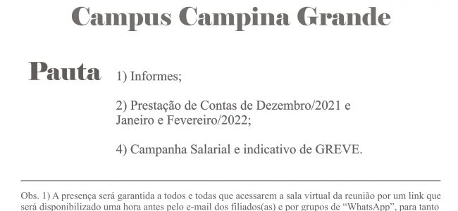 09/03 às 10h: ASSEMBLEIA do campus Campina Grande.